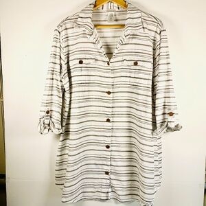 Boho beach 100% Cotton striped grey/white button front collared roll tab blouse